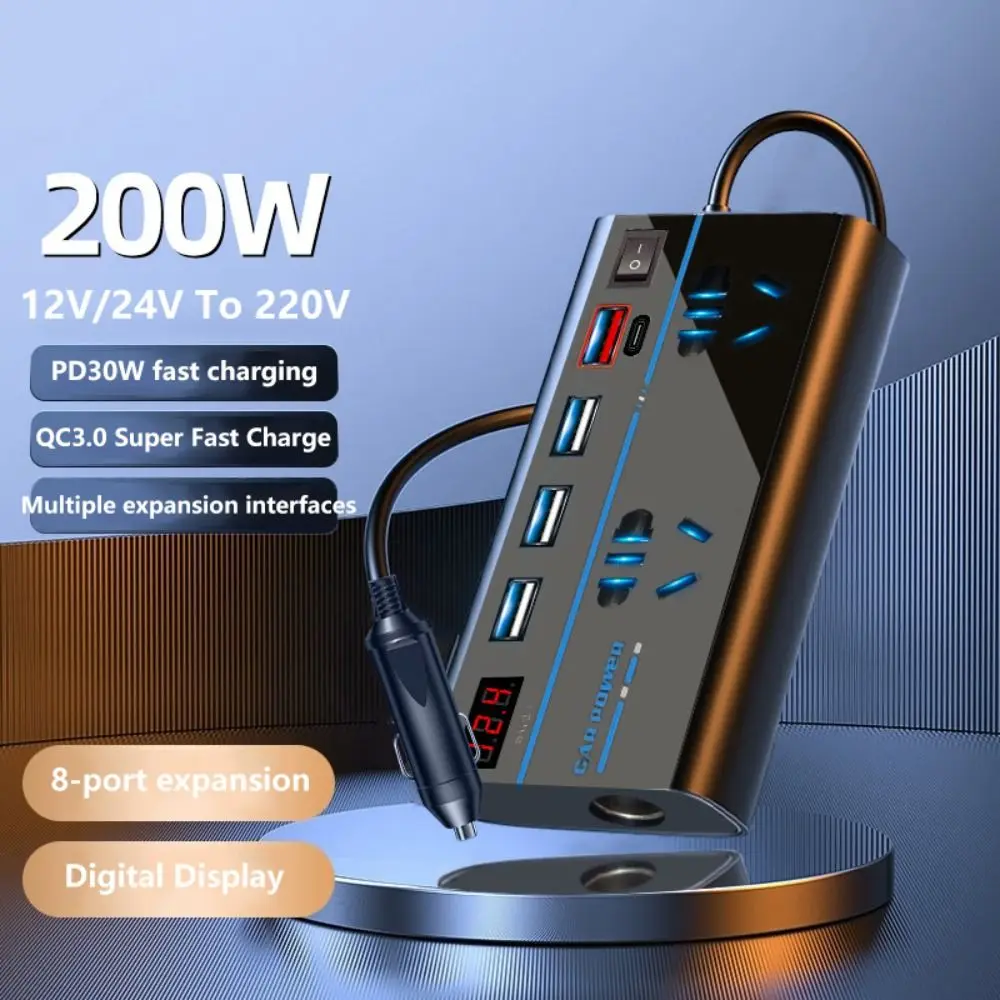 Universal Car Inverter DC 12V/24V To 220V 200W High Power Power Adapter Digital Display QC 3.0 USB/Type C Charger Car Converter
