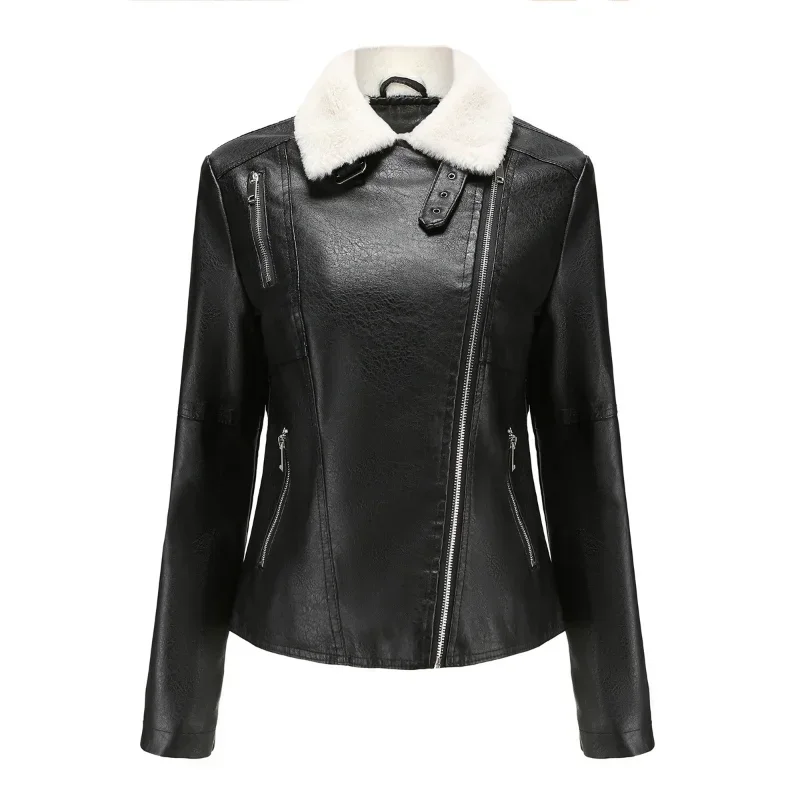 BTQWFD Women Pu Leather Motorcycle Warm Jackets Female Clothing Solid Casual Spring Autumn Winter 2024 New Long Sleeve Outerwear