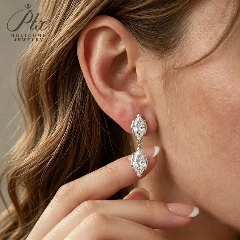 Damen-Ohrstecker aus 925er Sterlingsilber mit Marquise-Schliff-Moissanit, 18k vergoldet, Geburtstagsgeschenke, Schmuck, Charms, Holycome Schmuck – Detail 2