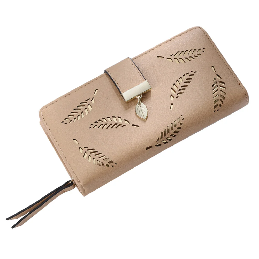 

Women Leaves Hollow Snap Wallet Long PU Clutch Purse Elegant Card Holder for Travel Cash Coins Tickets Apricot