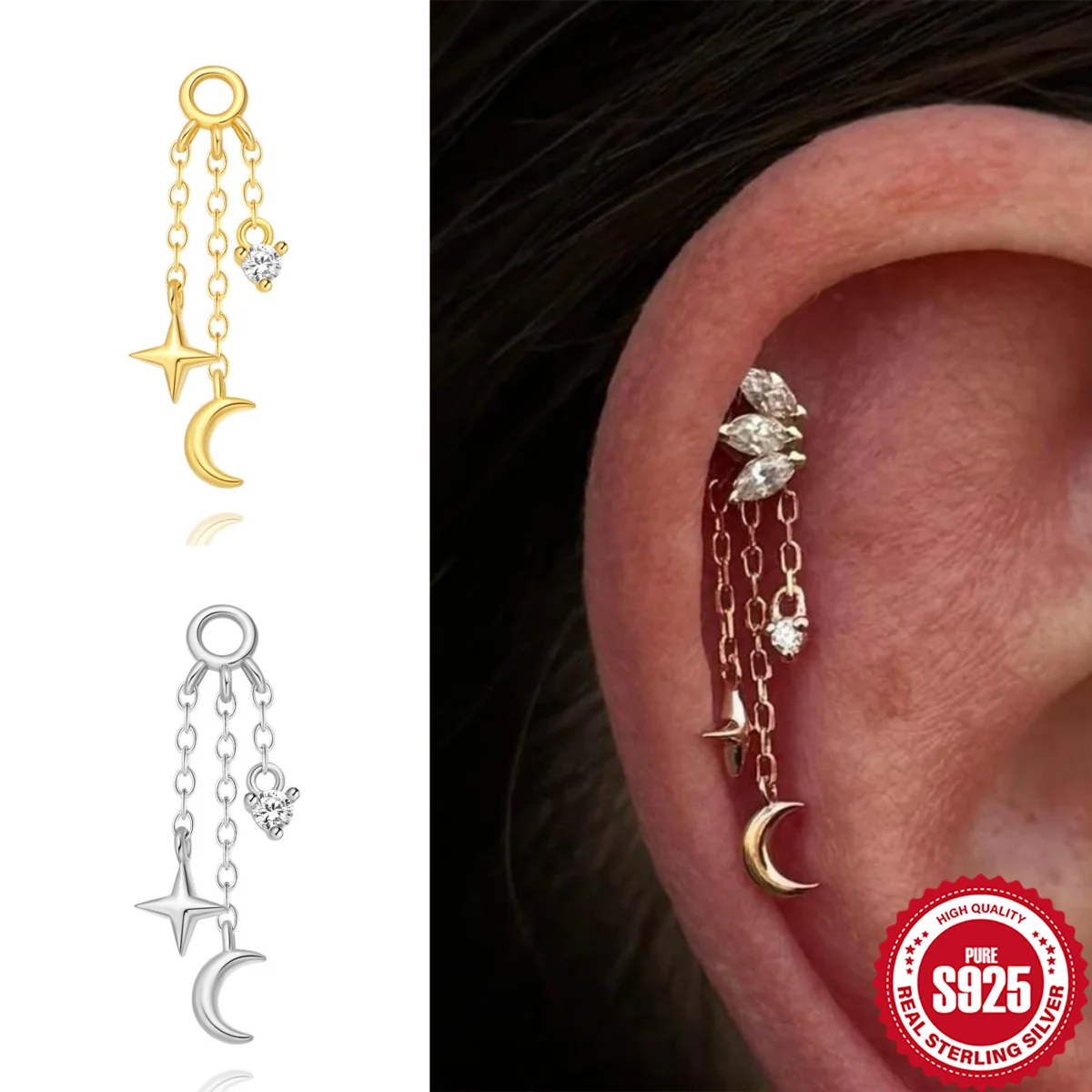 

AIDE Star Moon Chain Tassel 925 Sterling Silver Shiny For Woman Piercing Earring Fashion Dainty Luxury Style fine jewelry