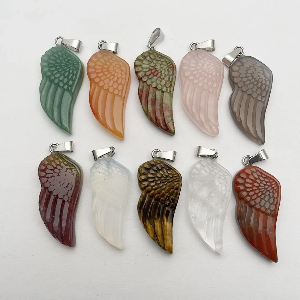 Fashion Natural Stone Carving wings pendulum Necklace pendant jewelry making Charm gift accessories 10pc Good quality wholesale