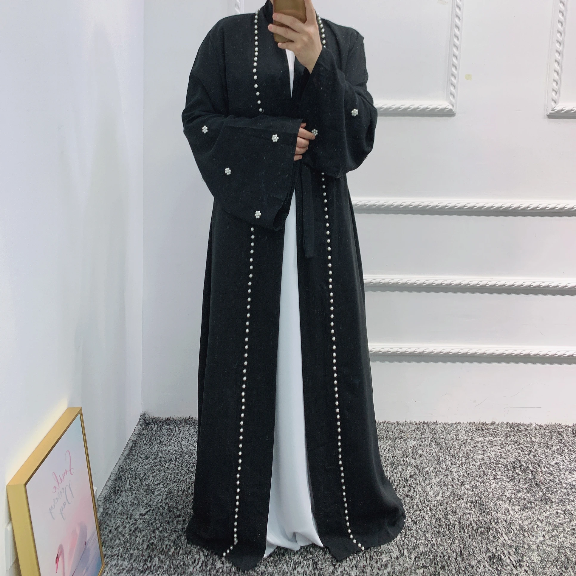 Fashion Muslim Womens Black Open Front Abayas For Party 2024 Beading Dubai Dresses Ladies Islamic clothes Turkey Caftan LR444