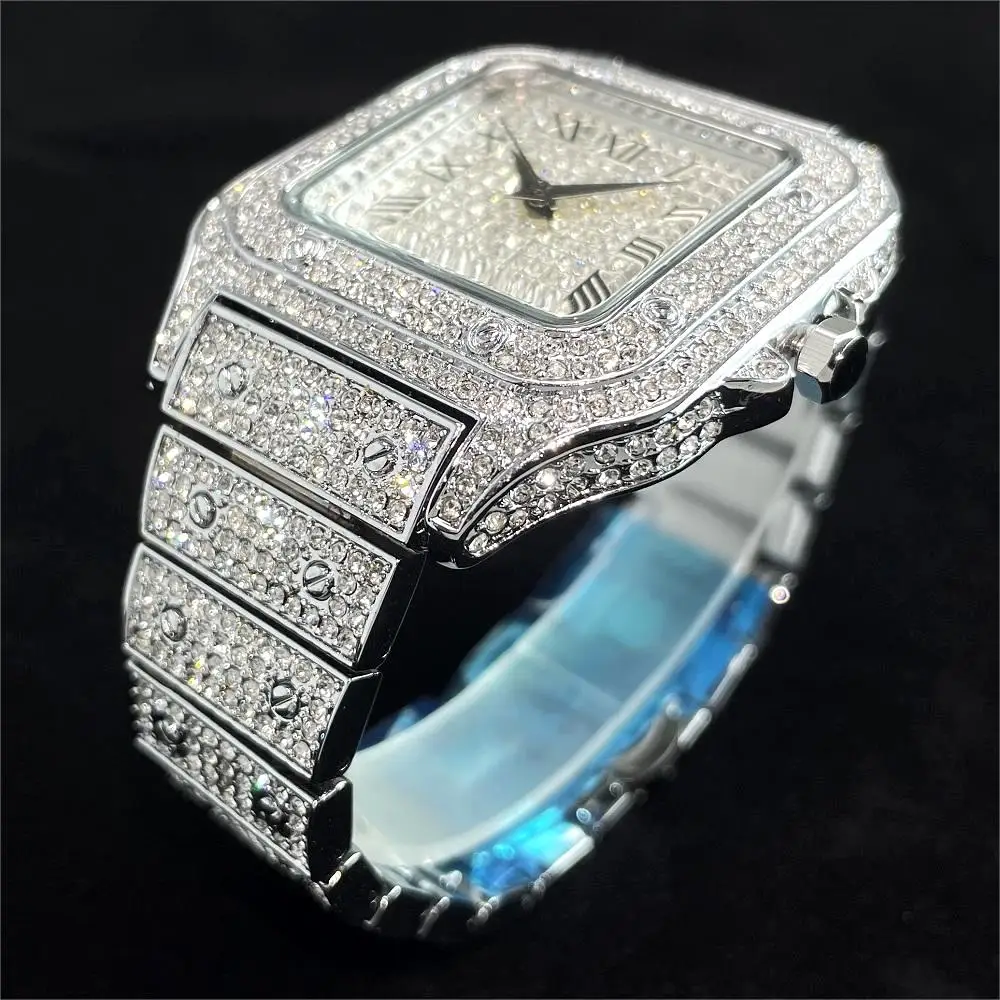 ساعة يد كوارتز مربعة من الفولاذ المقاوم للصدأ للرجال ، الماس المثلج ، ساعات AAA ، أزياء فاخرة ، هيب هوب ، تخفيضات كبيرة