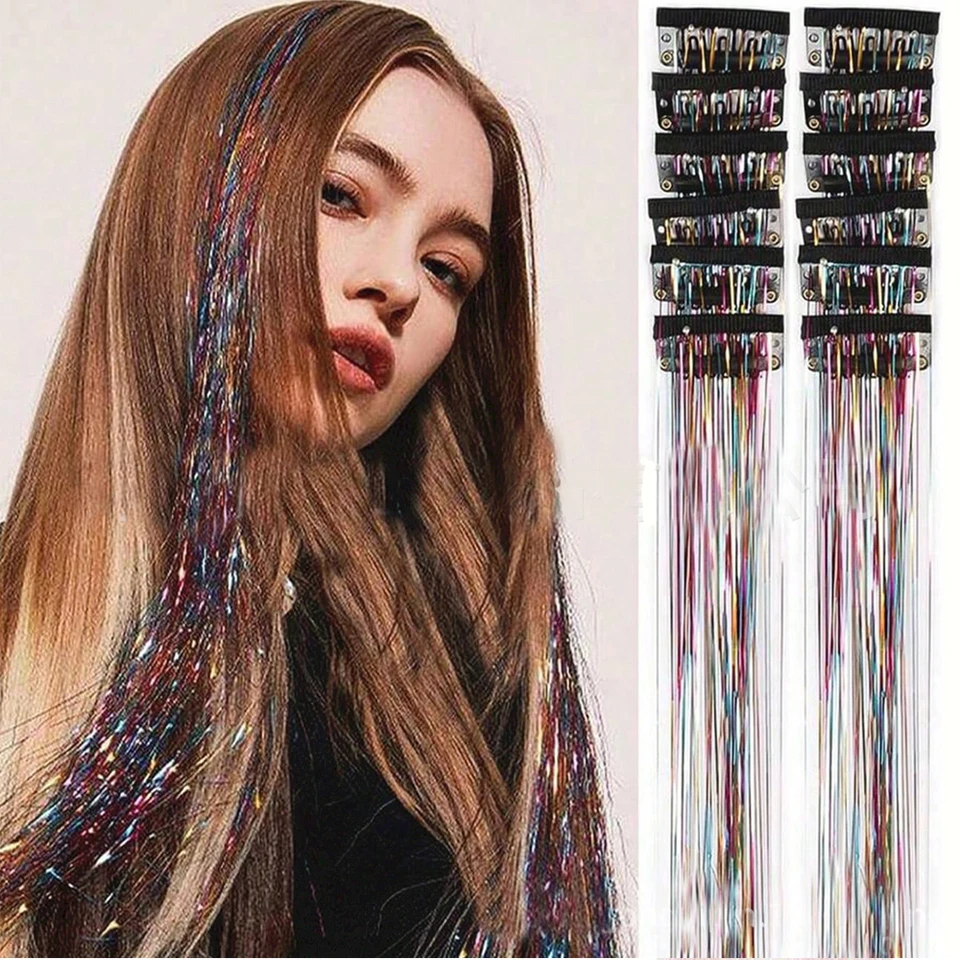 Kit de brillantina para cabello sintético, 12 piezas de 20 pulgadas, con clip, resistente al calor, brillante y mágico