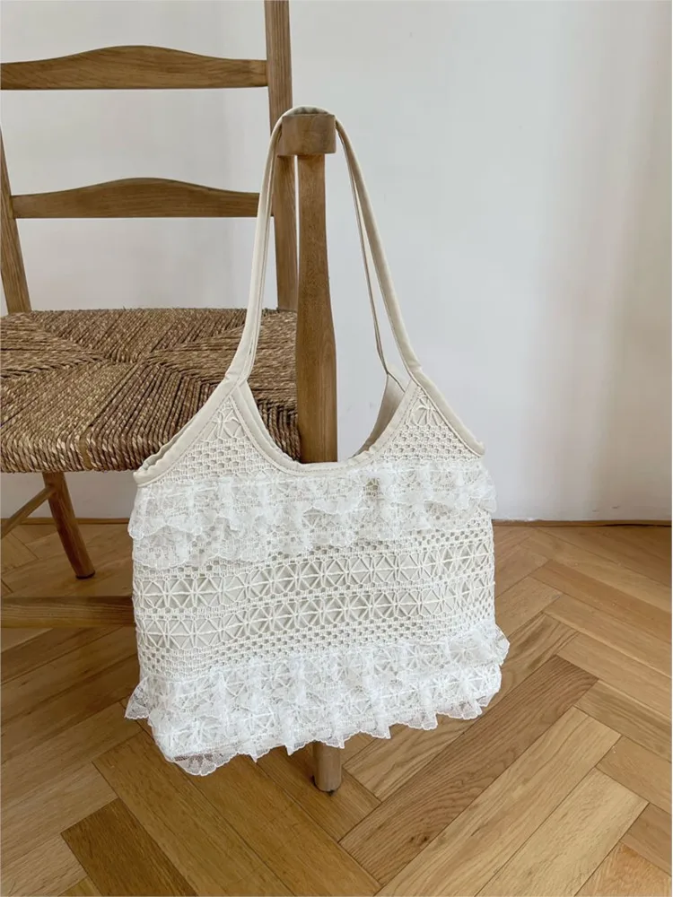 Lace Mesh Shoulder Bag Tote Bags Women Fashion Korean Style Vacation Large Capacity Handbags 2024 New Simple Casual Commuter Bag