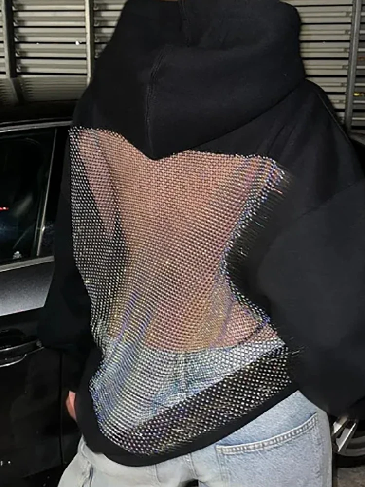 المرأة طويلة الأكمام المرقعة كنزة قطيفة الخريف الشتاء موضة الرباط فضفاض سستة بسيطة هوديس 2025 ملابس الشارع الشهير