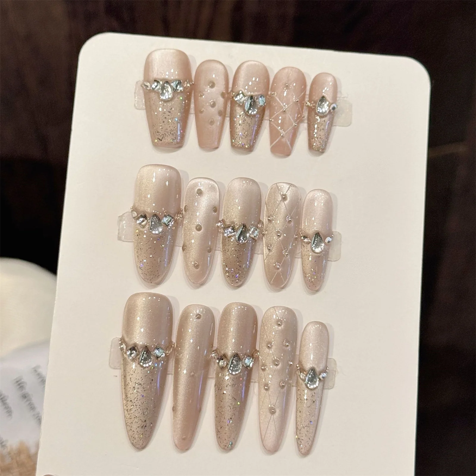 Crystal Cat's Eye Glitter False Nails 10pcs Handmade Press On Nails With Rhinestones Nude Shimmer Reusable Fake Nails For Women
