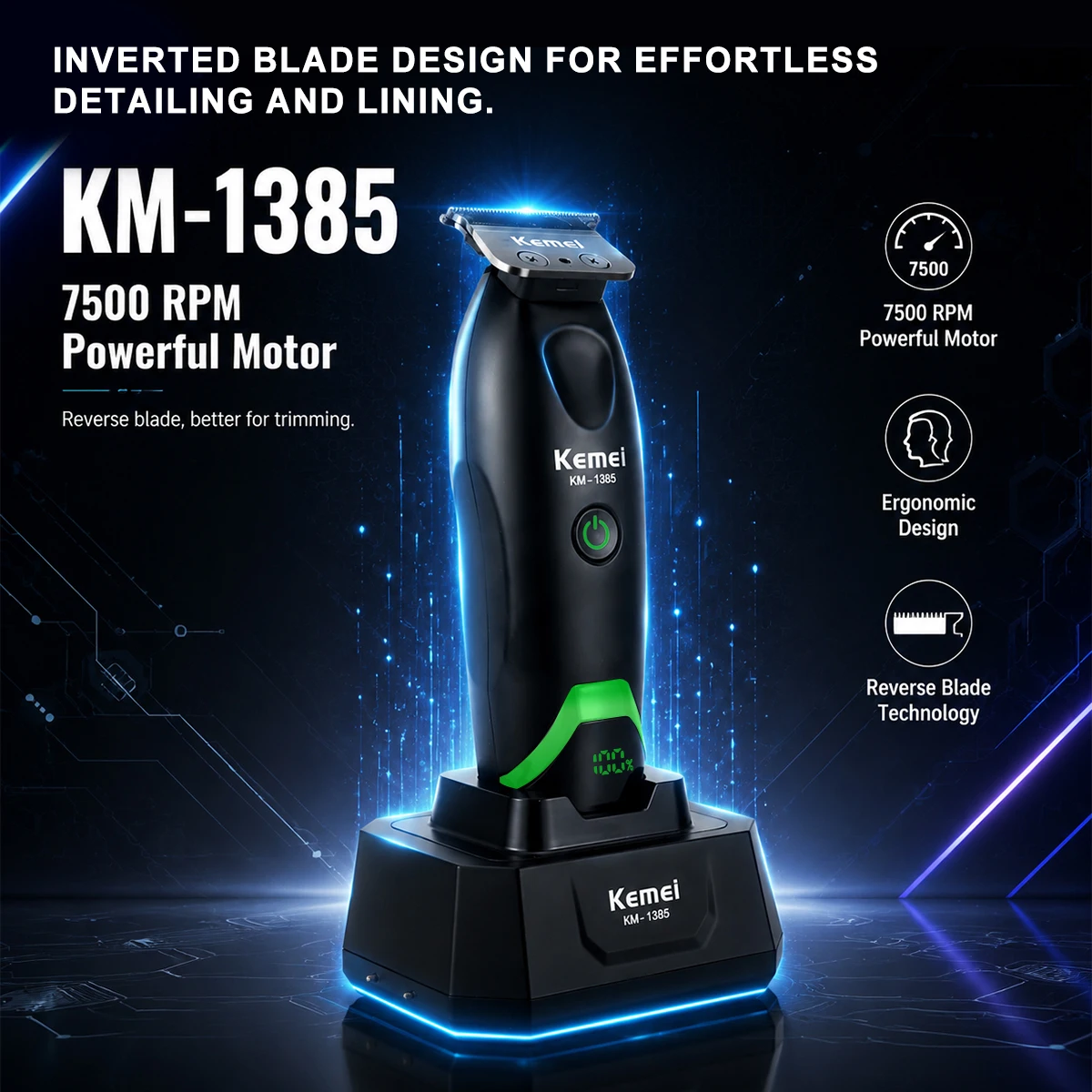 kemei-km-1385-プロフェッショナルヘアカッター-メンズ用-t字刃-7500rpm-5w-dcモーター-ドック付き-ledディスプレイ搭載-ヘアクリッパー-ヘアトリマー