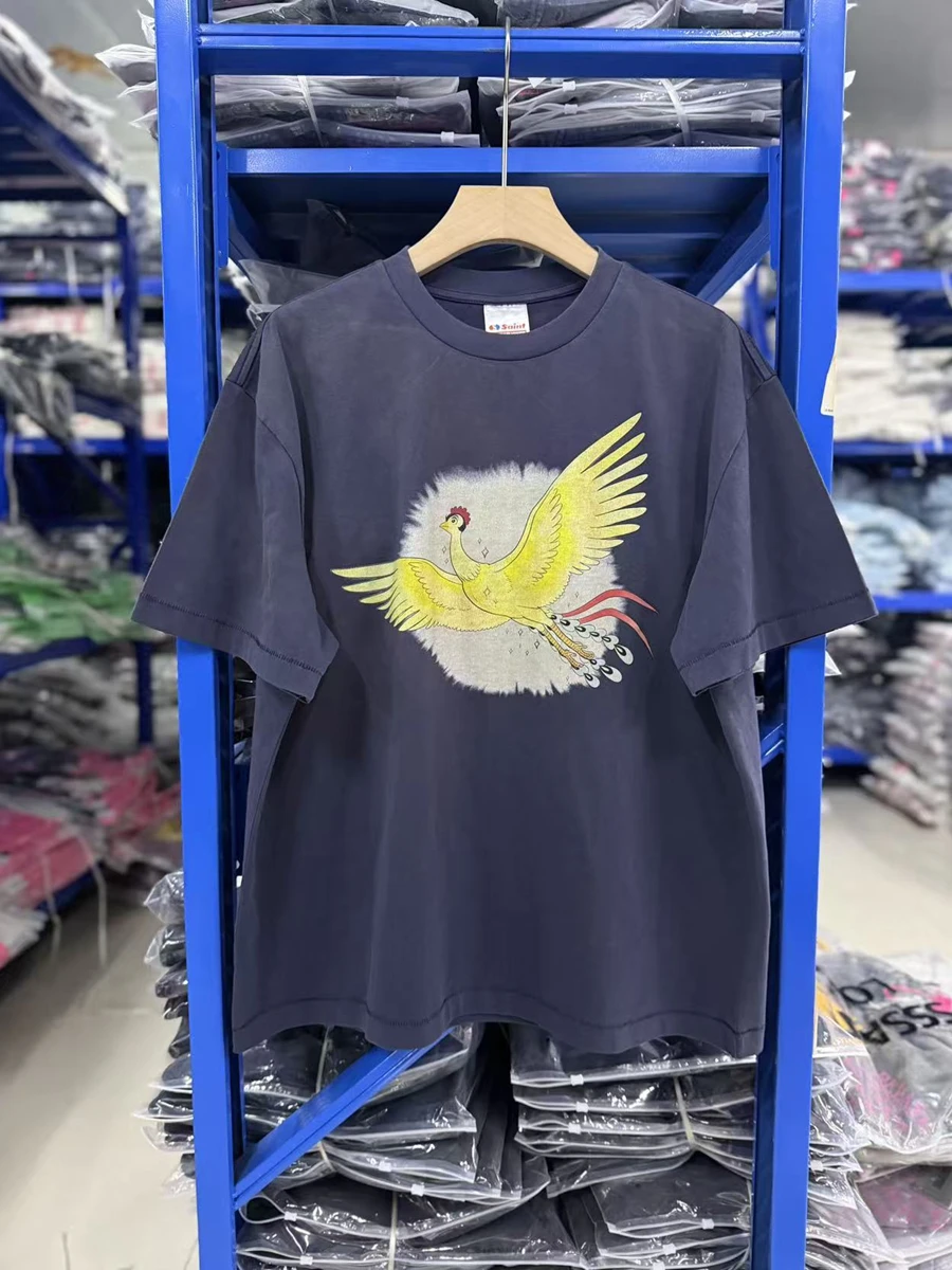 SAINT High Quality Cartoon Graphic Print Tee Retro Grunge Tops Summer Loose Casua Oversized Vintage Wash T Shirt Men