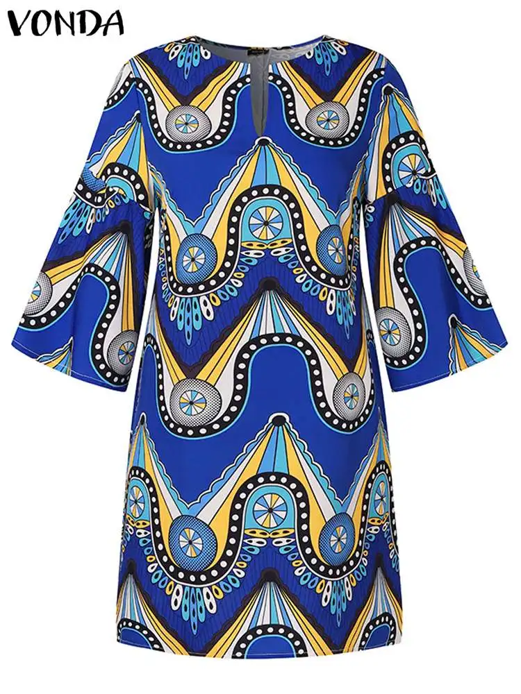 Plus Size VONDA Women Summer Party Mini Dress 2024 Sexy Printed Dress Elegant Office Sundress Beach Vestidos Casual Loose Robe