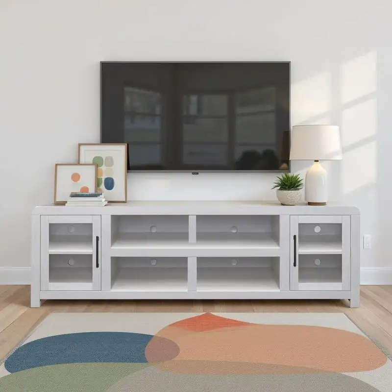 

82 Inch TV Stand with Glass Doors for TVs up to 90 Inches, No Assembly, White Finish, Modern Design for Living Room, Media