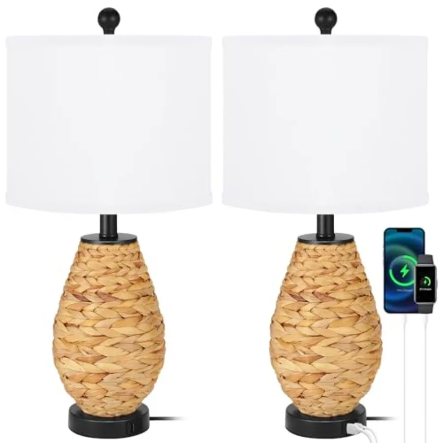 

Набор из 2 прикроватных ламп в ретро-стиле из натурального ротанга и морской травы, 24 дюйма, для спальни, гостиной, дома, тумбочки