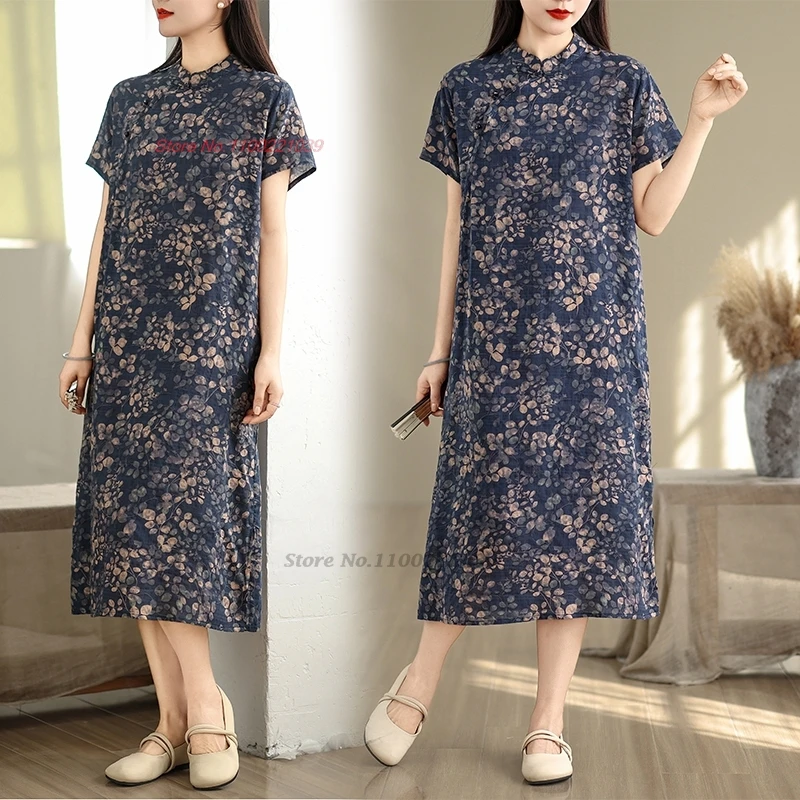 

2025 chinese vintage dress cheongsam national flower print traditional dress improved qipao chinese a-line qipao folk dress