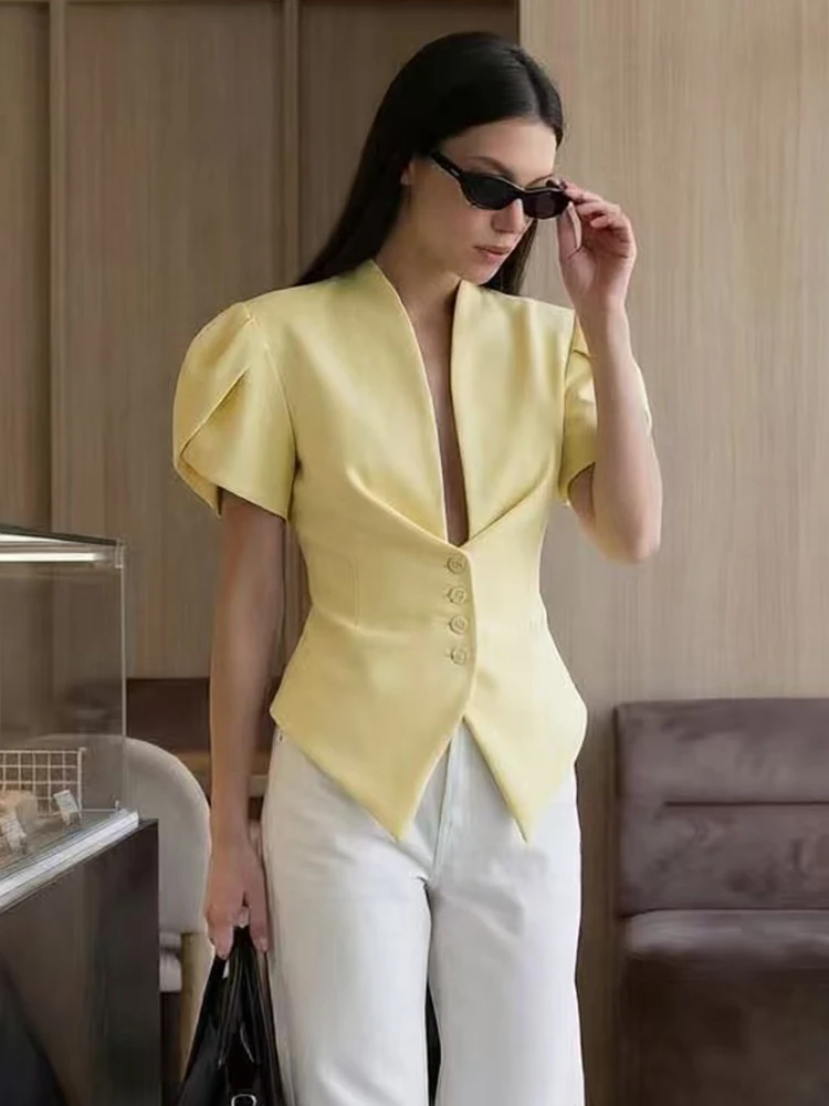 TFMLN Summer Women Short Puff Sleeve Coats V Collar Single Breasted Slim Fit Jacket Lady Chic Solid Party Bow Streetwear - view 4