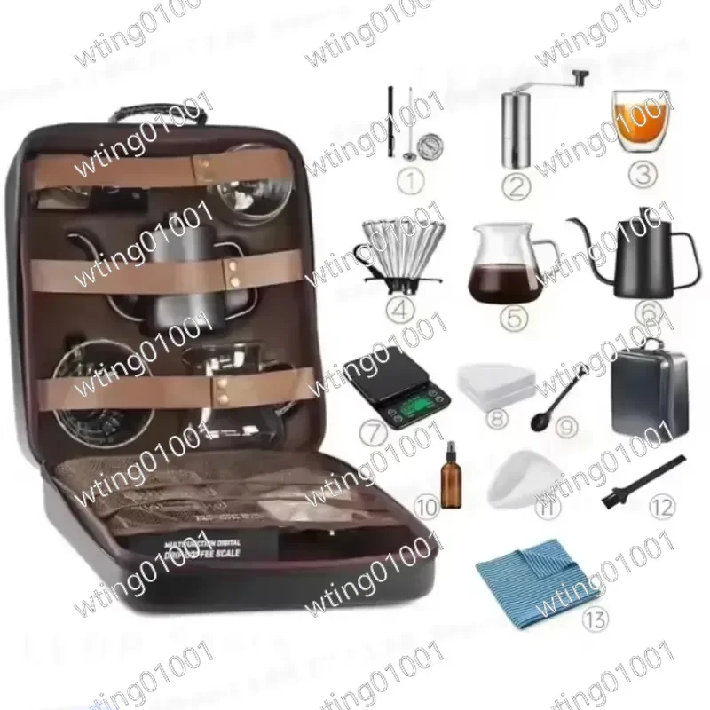 11-13 Pieces Hand Pour Coffee Set 600ML Glass Server Kettle Manual Grinder Digital Scale Portable Travel Coffee Brewing Kit