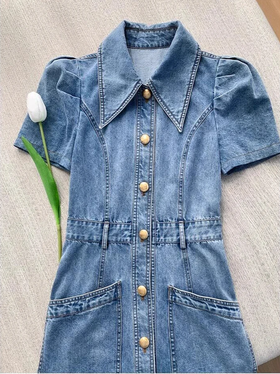 Blue Vintage Denim Dress Women 2026 Spring Summer New Fashion Button Cowboy Shirt Dresses Slim A- Line Vestidos with Belt