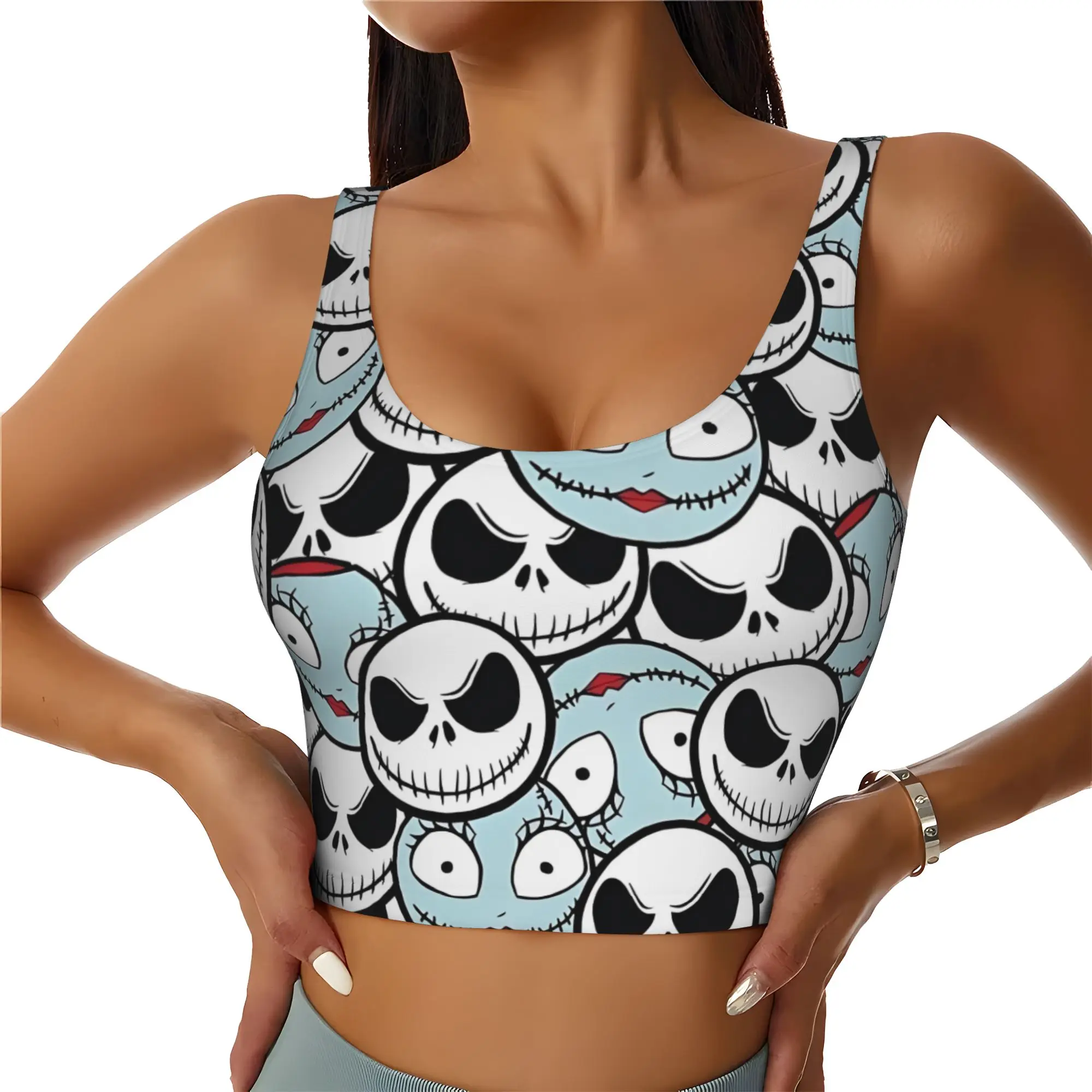 Custom Women Skellingtones Skull Sports Bras Halloween Horror High Impact Gym Workout Running Crop Tank Tops