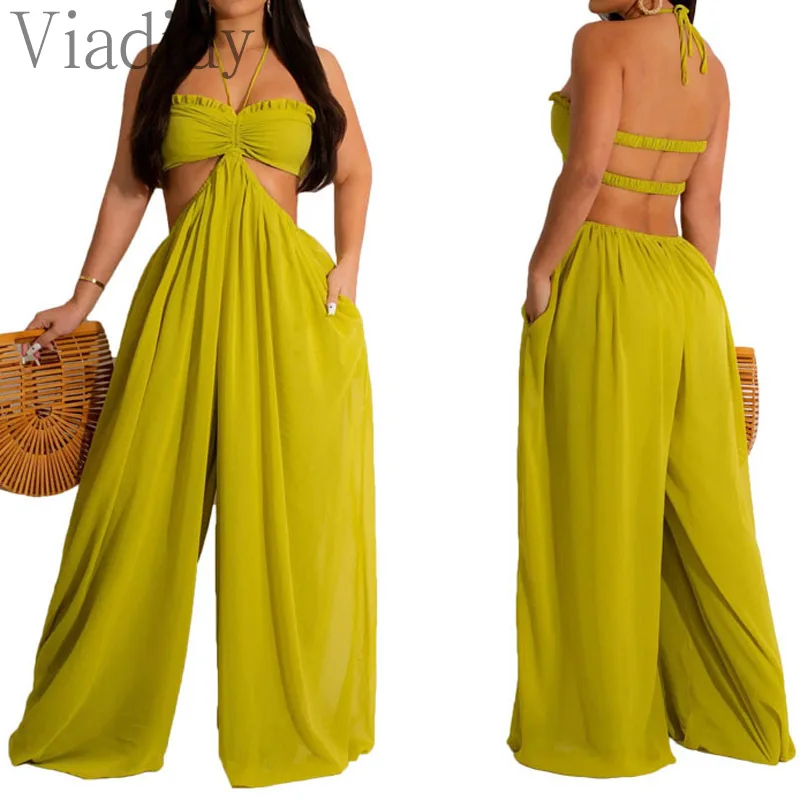 Women Solid Color Loose Halter Backless Wide Leg Jumpsuit