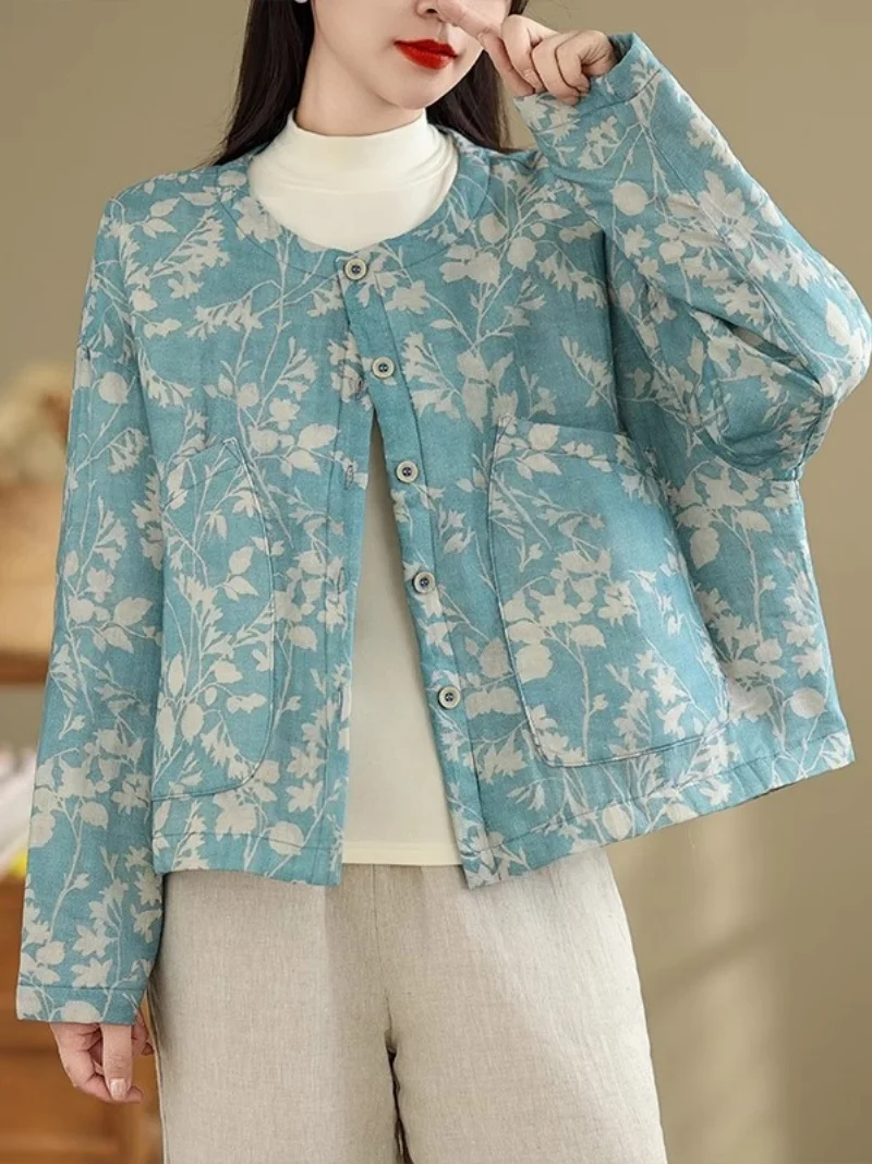 

Новая куртка в китайском стиле, женская куртка с большими карманами и круглым вырезом, повседневное и изысканное универсальное хлопковое пальто, стеганый топ w908