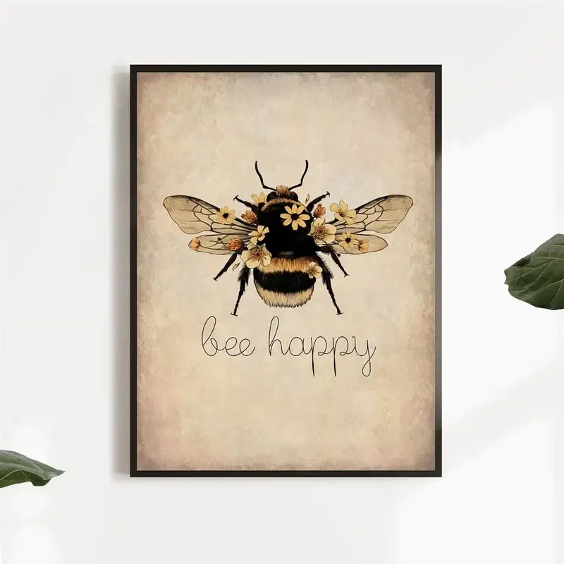 1Pc, Canvas Poster, Bee Happy Print - Bee Kind, Bee Yourself Nature Print, Bee Lover Wall Art, For Living Room Bedroom, No Frame