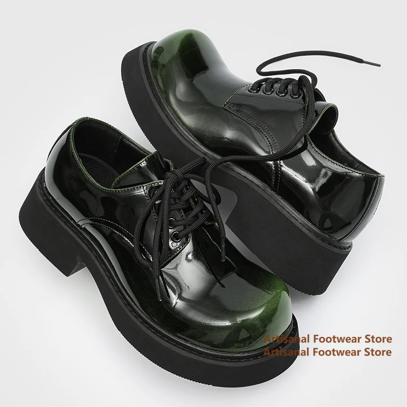 

Big Round Toe Derby Shoes Thick Soled Men's Shoes New Style Shiny Leather Lace-Up Shoes New In Height Increasing Men's Shoes