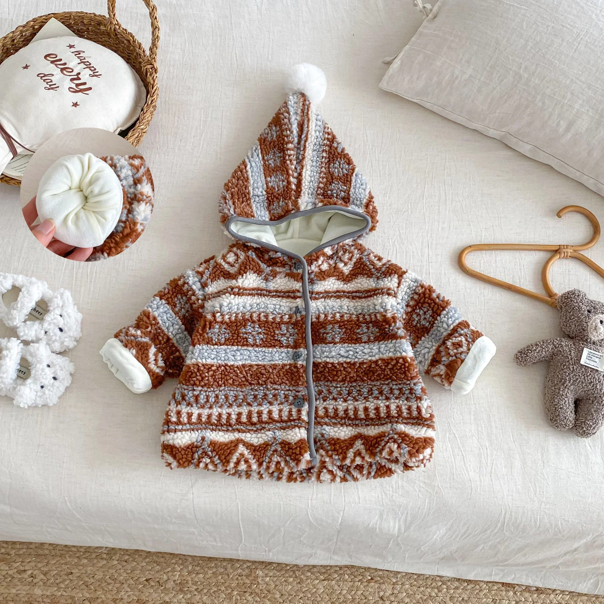 

2025 Kids Plush Jacquard Fleece-Lined Hooded Jacket 0-5Y Girl Boys Pattern Warm Winter Coat with Pom-Pom Hood Thickened Outerwer