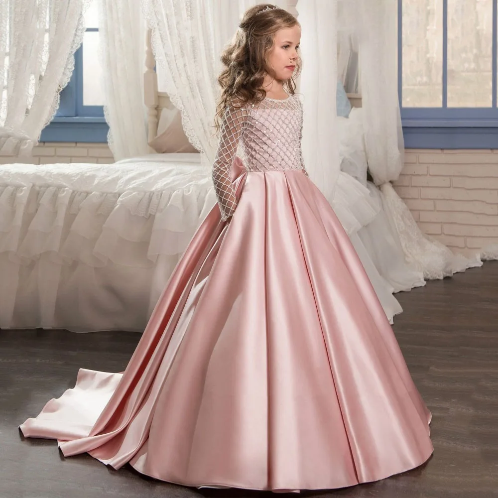 Flower Girl Dresses Pink Satin With Bow Sequin Long Sleeve For Wedding Birthday Party Prom Pageant Banquet Princess Gowns