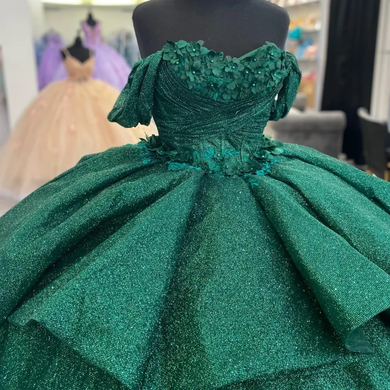 Emerald Green Shiny Quinceanera Dresses Ball Gown Applique Crystal 3DFlower Sweet 16 Dresses Birthday Party vestidos de