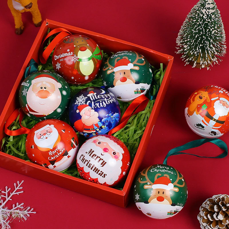 Caja de dulces de hojalata navideña de dibujos animados, caja de embalaje para regalos de dulces, bola redonda impresa, decoración colgante de árbol, regalos, 2 uds.