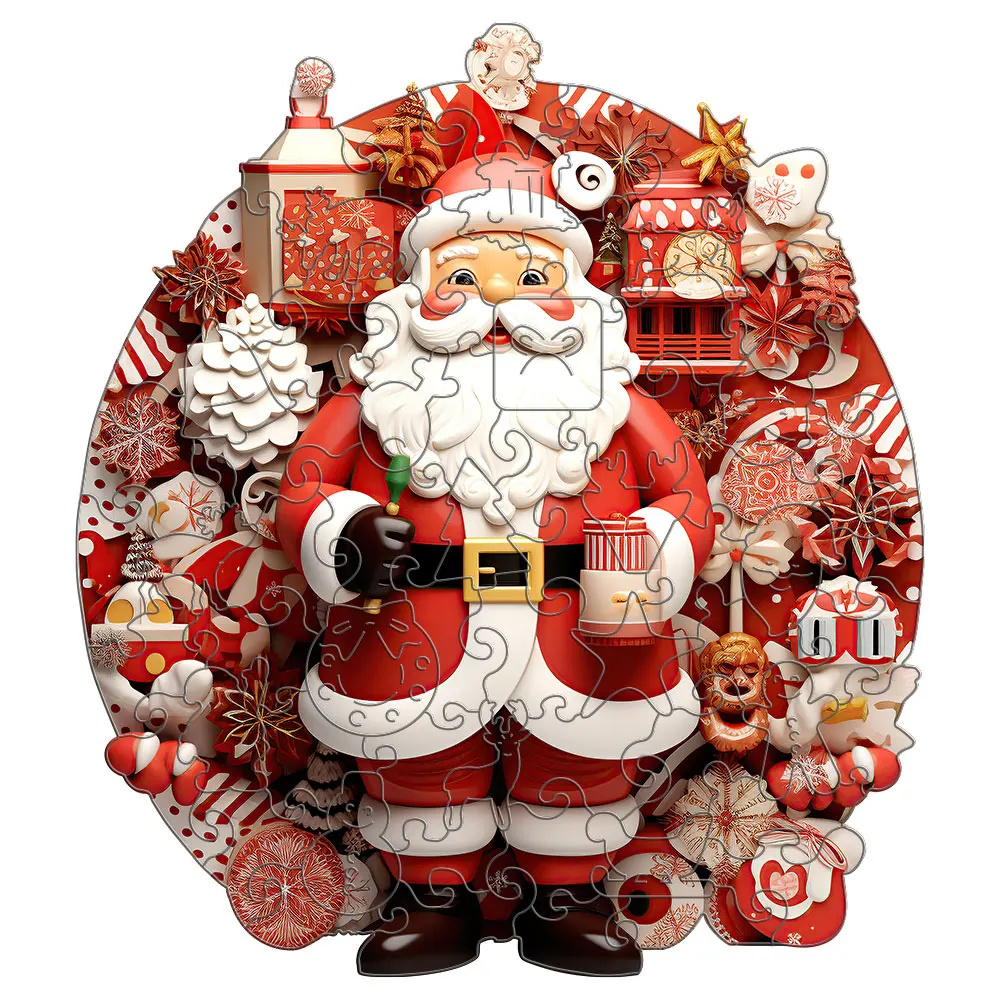 Santa Claus Wooden Puzzle for Adults, Animal Shaped Pieces Puzzles Toys with Beautiful Package, Christmas Gift Home Decor