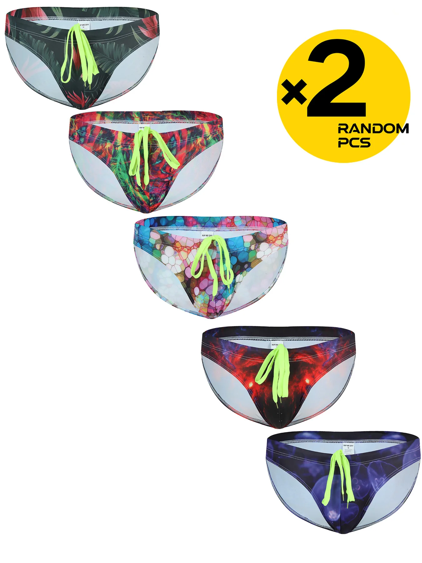 Men's Large Size Print Swim Briefs 2-Pack with Drawstring Bikini Inner Casual Beach Sports Swimming Underwear Random Styles