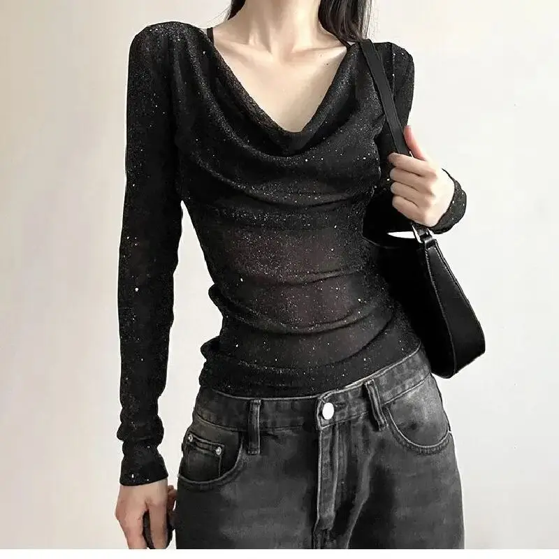 Sequined Long Sleeve T-shirt All-matched Solid V-neck Black Tee Women's Unique Design Fashion Sheer Slim Fit Sexy Trendy Top