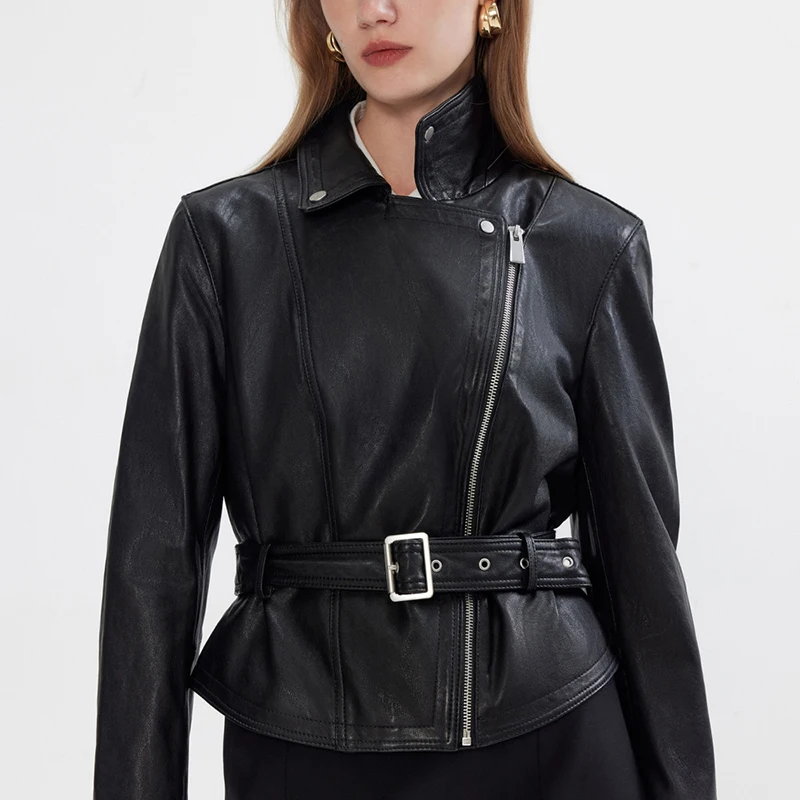 Veste en cuir véritable pour femme automne plante tannée peau de mouton noir/Cacao Moto Biker fermeture éclair mode sens ceinture mince Chaquetas