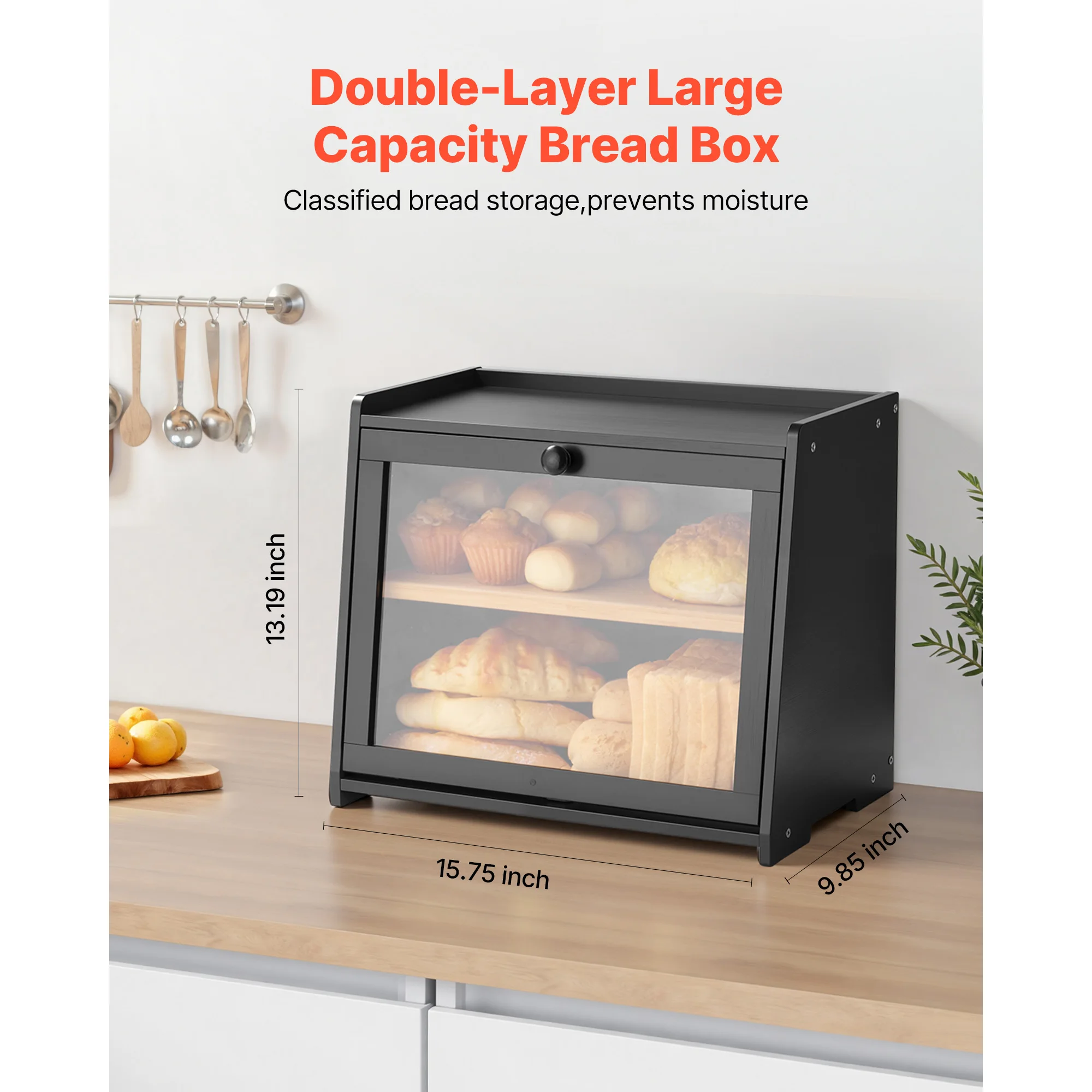 SucceBuyDouble Layer Bread Box for Kitchen Large Capacity Bamboo Bread Storage Container Storage Holder Bin with Wavy Door Panel