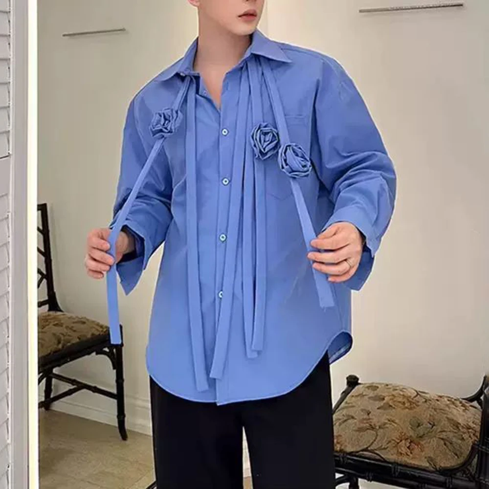 여름 남성 솔리드 컬러 입체 꽃 리본 긴팔 셔츠 라이트 럭셔리 레트로 패션 트렌드 캐주얼 남성상의