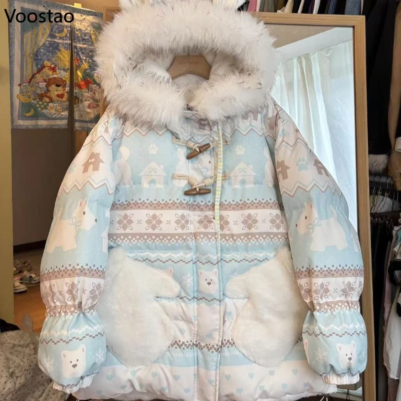 الخريف الشتاء Kawaii لوليتا نمط سترات المرأة الحلو لطيف الكرتون جرو طباعة وسادة مبطنة الفتيات الكورية الدافئة فضفاض معطف مقنع #5