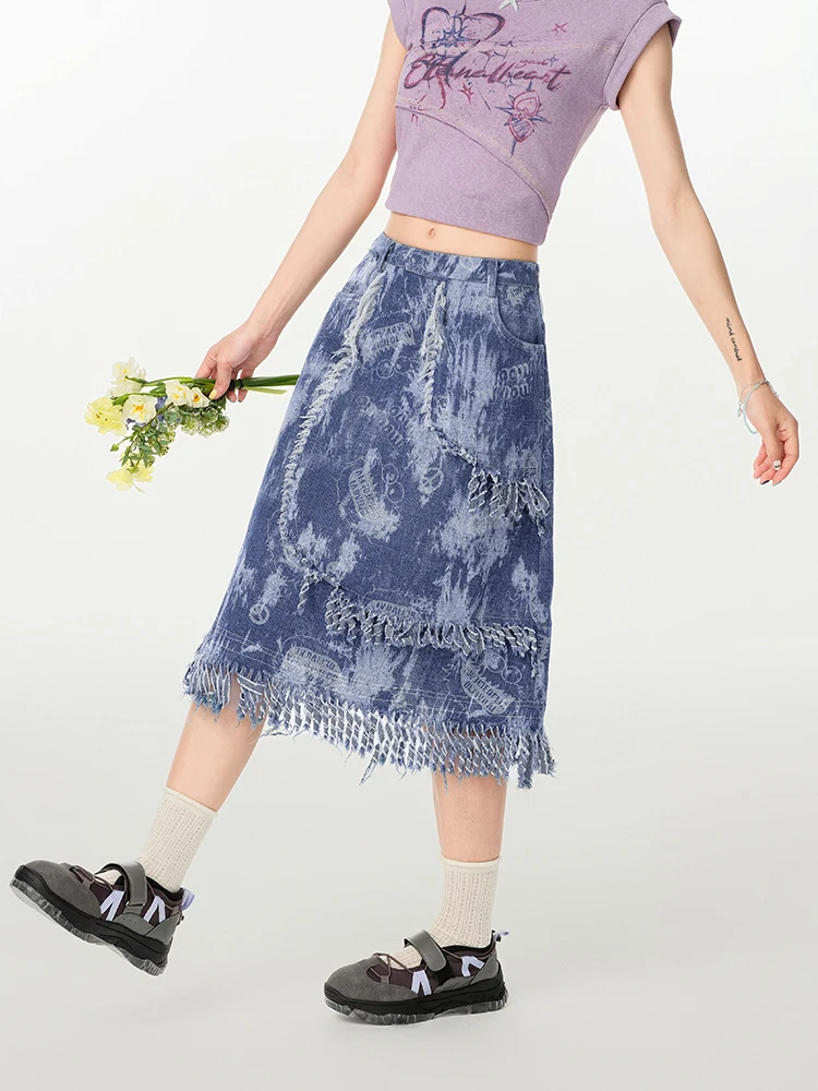 2025 verão novo estilo retro americano borla denim saia para mulheres high-end design sentido nicho de cintura alta saia linha a