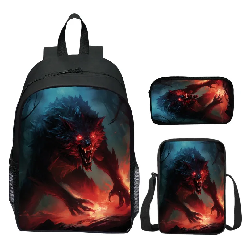 Mochila con estampado de lobo Angry para niños, Juego de 3 piezas, mochila escolar para estudiantes, mochila para ordenador portátil de alta calidad para adolescentes