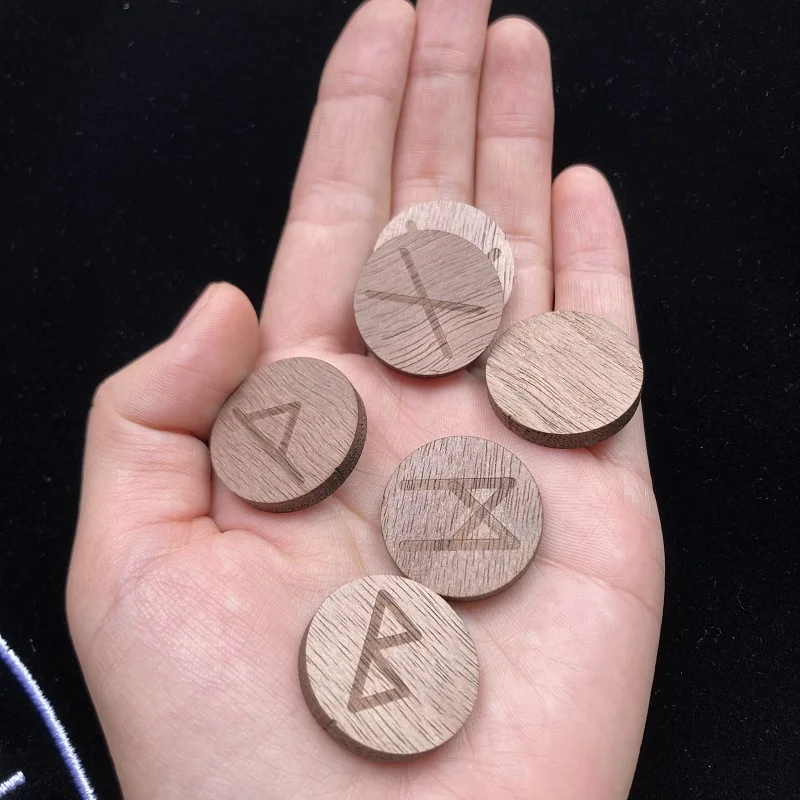 25Pcs Natural Wood Walnut Runes Stones Wooden Mysticism supplies for Divination Rune Kit  Round Altar Occultism Props Pendant