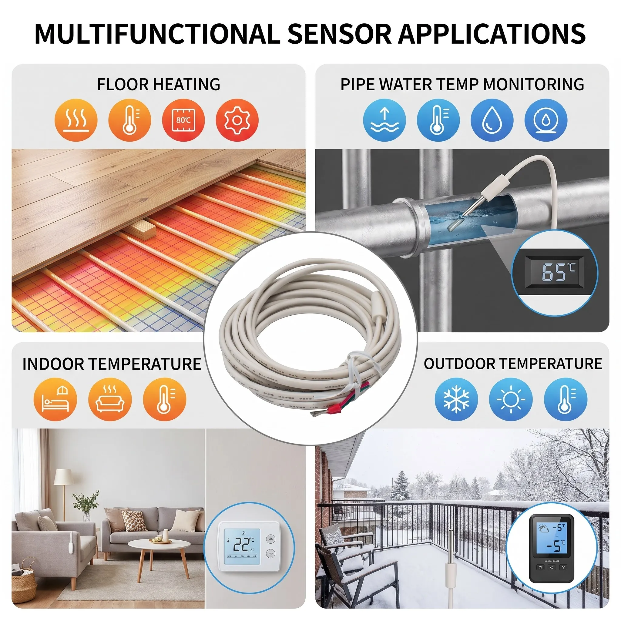 Long 10K Floor Heating For Sensor Probe Compatible with Thermostats for Indoor Outdoor and Pipeline Water Temperature Sensing