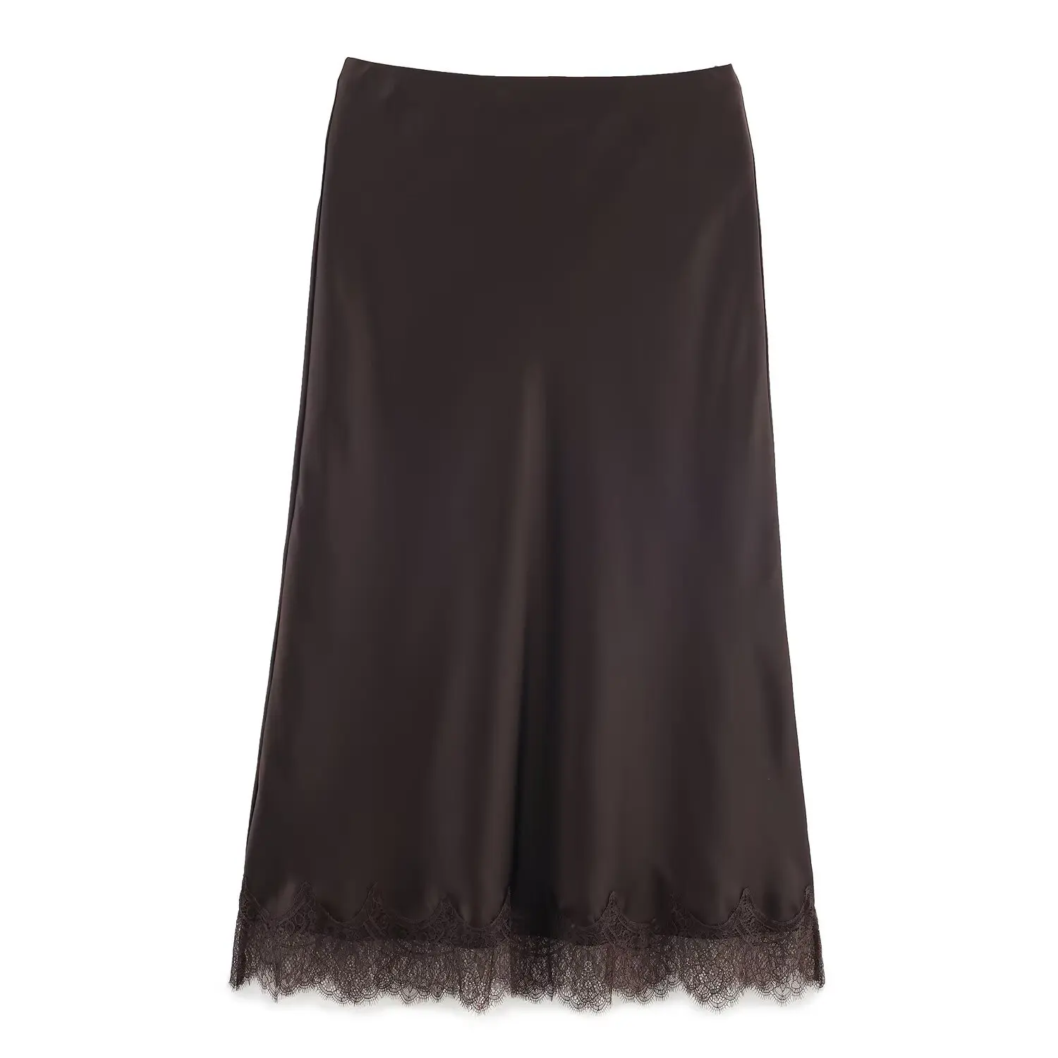 Frauen Elegante Luxus Satin Spitze Braun Schwarz Rock Lange Gerade Rock 2025, Neue Frühling Herbst Mode Party Mujer Rock