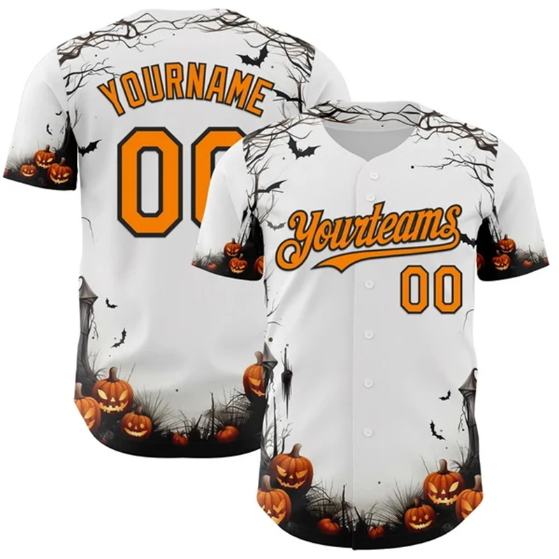 Custom Name Number Halloween Baseball Jersey Shirt Scary Pumpkin Bat 3D Print Button Up Baseball Shirts Men Women Holiday Tops
