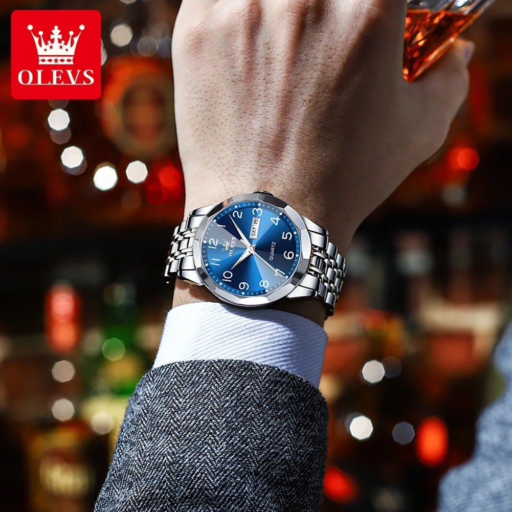 OLEVS 9970 Original Quartz Watch for Men Classic Solid Steel Strap Rhombus Mirror Fashion Dual Calendar Luminous Men Wristwatc