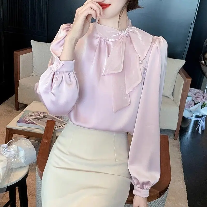 

French Style Women Romantic Elegant Pearls Butterfly Puff Sleeve Imitation Silk Top Shirt , Woman Fashion White Tops Shirts