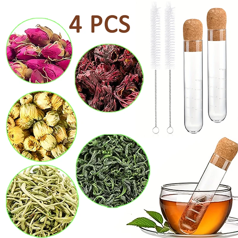 4 Pcs Glass Tea Infuser Set Test Tube Tea Strainer with Cork Lid Clear Loose Leaf Steeper Filter for Cups, Mugs Tea Brew Tool
