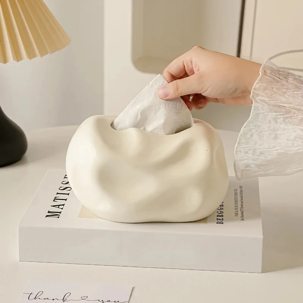 Creative Ripple Ceramic Tissue Box High-End Living Room Napkin Holder Dining Room Paper Towel Storage Cylinder Home Decor Box
