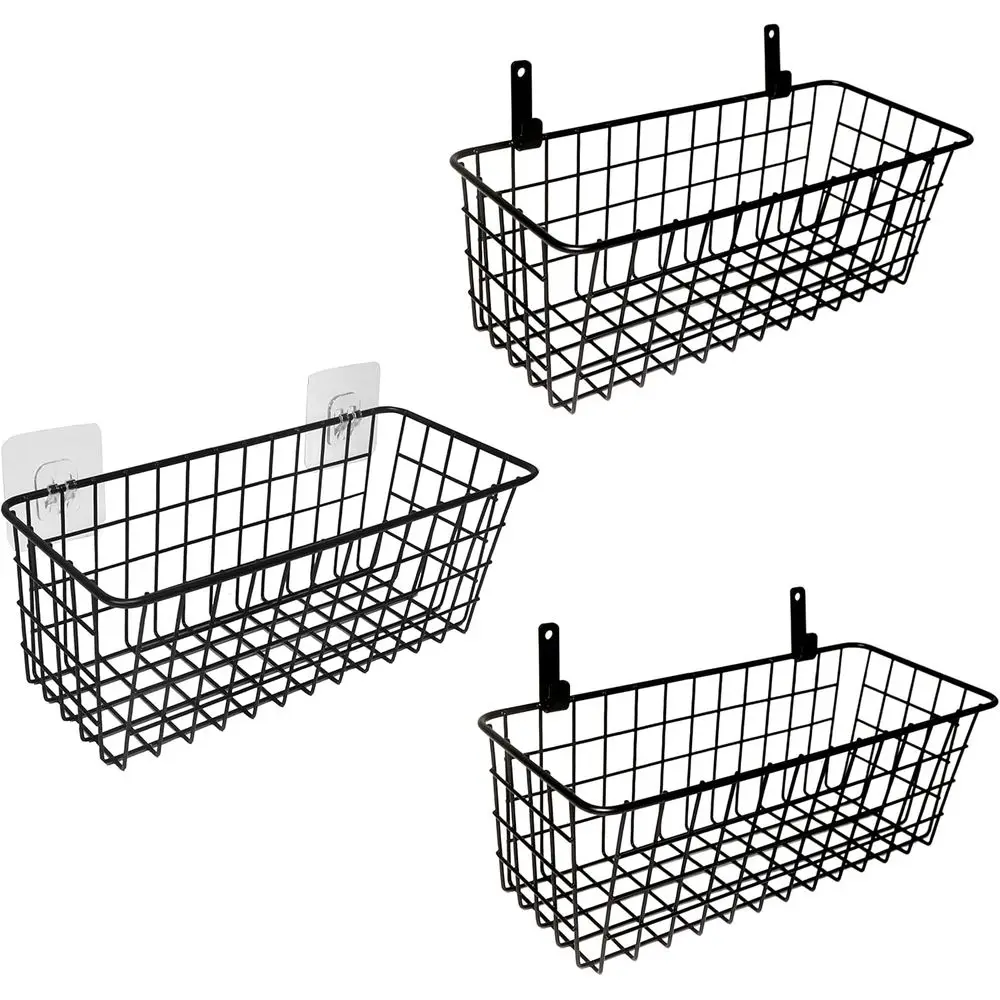 Set of 3 Hanging Wire Baskets, Wall Mount, No Drilling, Adhesive, Small Metal Baskets for Kitchen, Pantry, Laundry, Bathroom, Cl