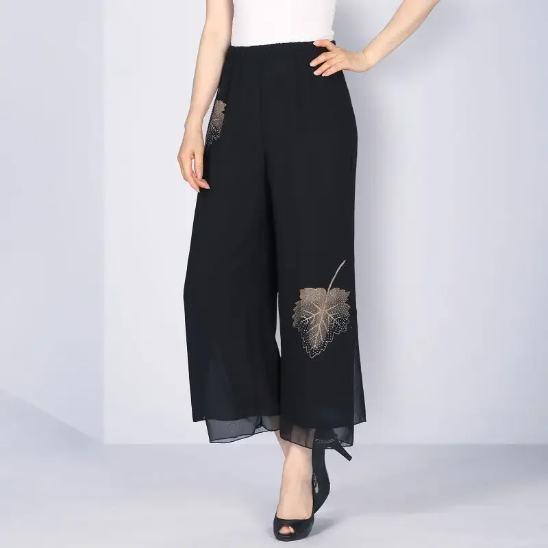 

New Summer Soft and Smooth Casual Loose Oversized High Waist Slimming Fashion Printed Chiffon Nine Split Wide Leg Pants L156