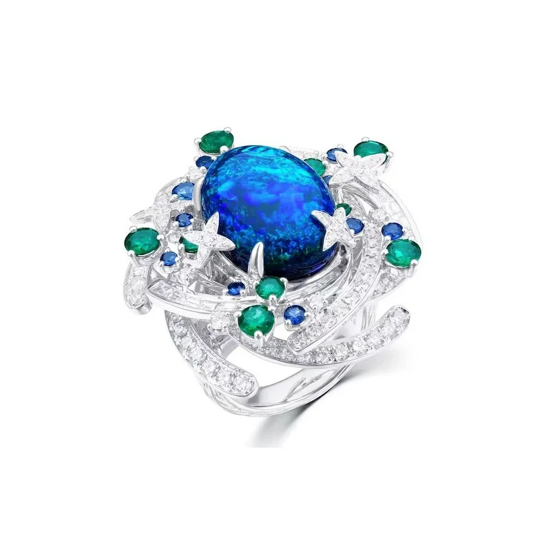 Bellux 925 Silver Gold Plated High Carbon Diamond Opal Starry Sky Blue Interstellar Galaxy Flower Ring